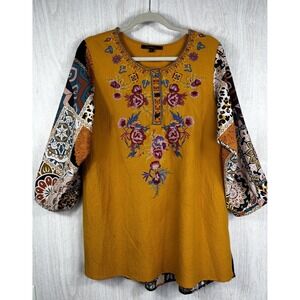 Calessa Embroidered Tunic L Mustard Multi Patchwork‎ Boho Chic